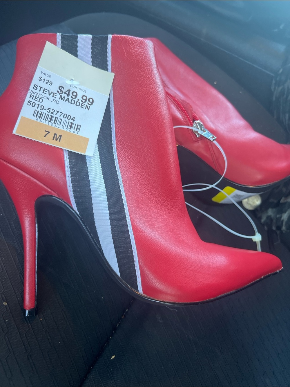 Steve Madden Red Pointed Stiletto Ankle Boots with Black & White Stripes